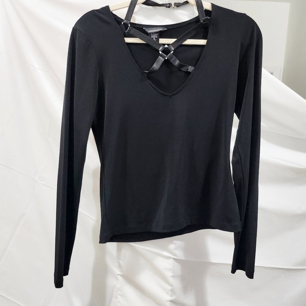 Sexy Faux Leather Criss-Cross Cut Out Long Sleeve Shirt, Med